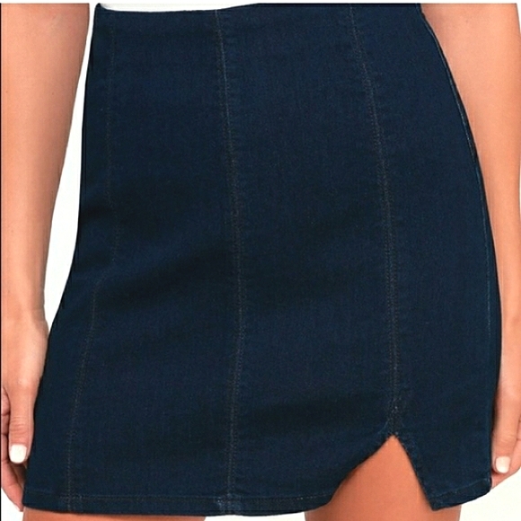 Free People Femme Fatale Mini Dark Denim Blue Split Hem Pull-On Skirt Sz Sm - Picture 10 of 16